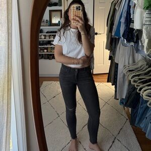 DL1961 dark wash grey skinny jeans size 26; raw hem, ripped knee